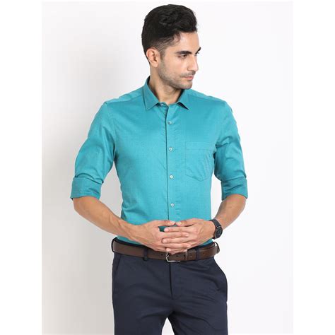 Buy Turtle Men Cotton Slim Fit Turquoise Self Design Full Sleeve Formal ...