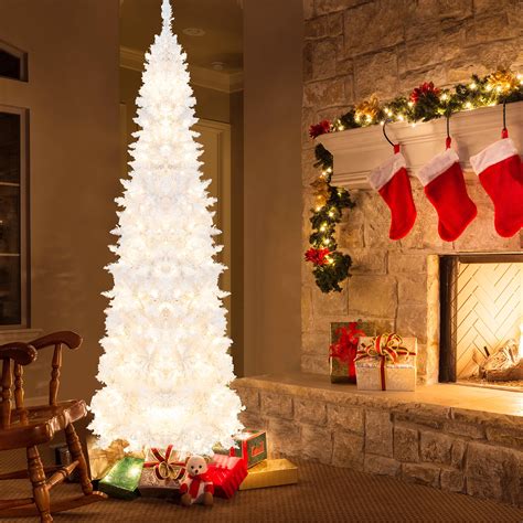 Buy Gymax 7FT Pre-Lit Slim Pencil Christmas Tree Full Artificial Tree w ...