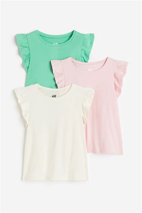 3-pack flutter-sleeved tops - Green/Pink/Natural white - Kids | H&M IN