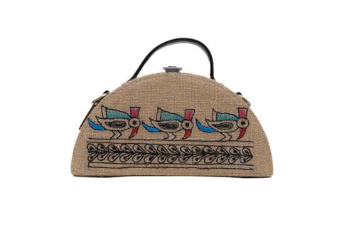 Madhubani Birds Half Round Embroidered Jute Bag