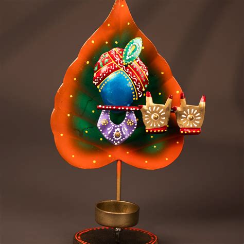 Metal Hand painted Leaf Krishna T - Light Candle Holder - 10 Inches ...