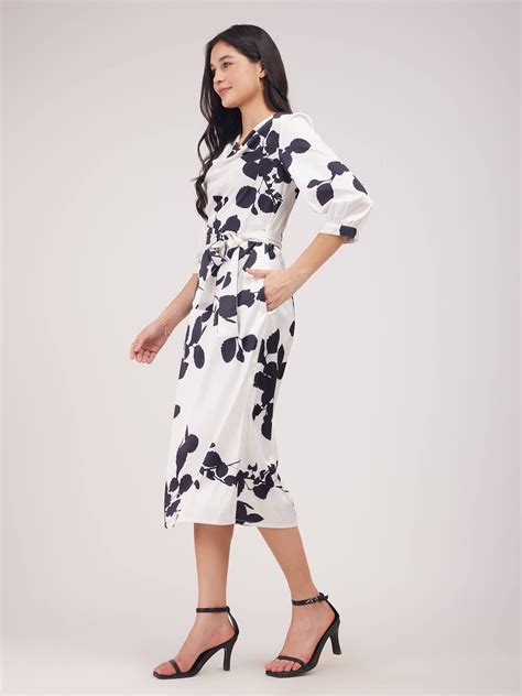 Buy Black And White Satin Floral Print A-Line Dress Online | FableStreet
