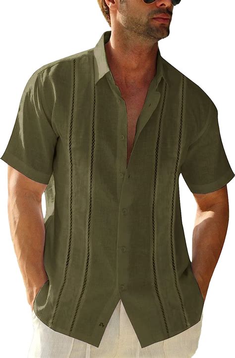 Buy Makkrom Mens Short Sleeve Guayabera Shirt Button Down Linen Lapel ...