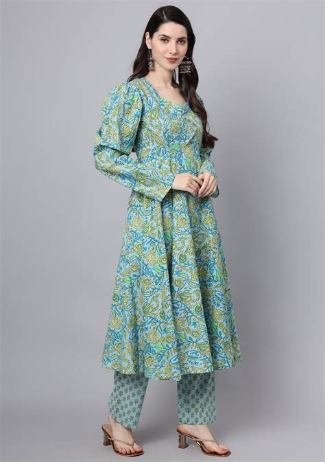 Floral Printed Sky Blue Cotton Anarkali Kurta Pant Dupatta Set