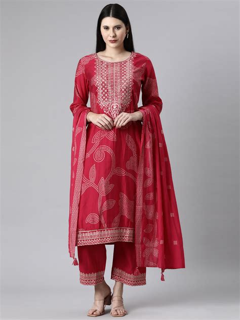 Neerus Pink Casual Bandhani Straight Kurta and Trousers With Dupatta ...