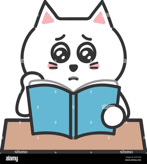 Teary-eyed white cartoon cat while reading a book, vector illustration ...