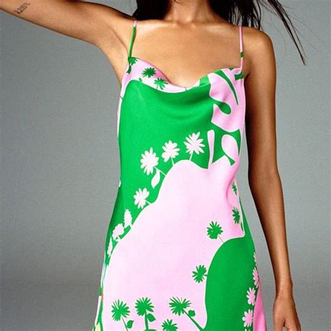 ZARA SATIN PINK & GREEN DRESS 💕 Satin slip dress... - Depop