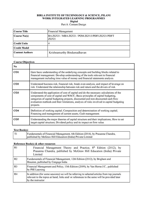 Financial Management Course Handout - BIRLA INSTITUTE OF TECHNOLOGY ...