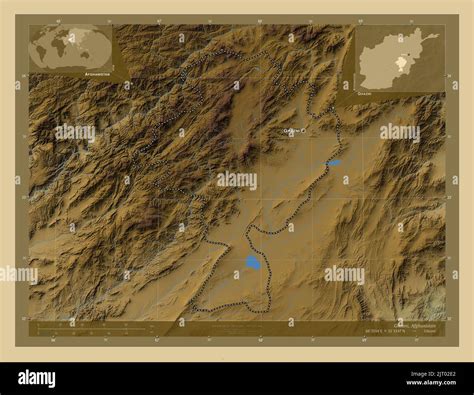 Ghazni, province of Afghanistan. Colored elevation map with lakes and rivers. Locations and ...