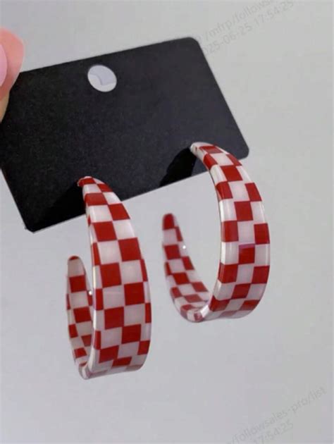 1 Pair Simple Black And White Checked C-Shaped Hoop Earrings, Versatile ...