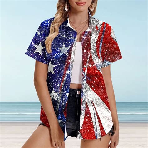 Byworldtasic Women's Collared Shirt American Flag Shirt Women Patriotic ...