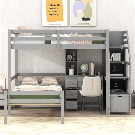 Amazon.com: Harper & Bright Designs Twin Size Loft Bed with Stairs, Wood Twin Storage Loft Bed ...