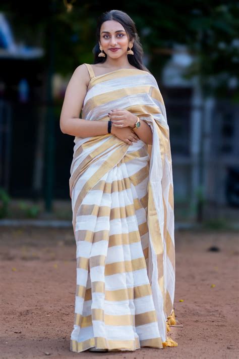 Ivory Cotton Zari Saree with Gold Stripes | Ivory Aurum – I Love Sarees ...