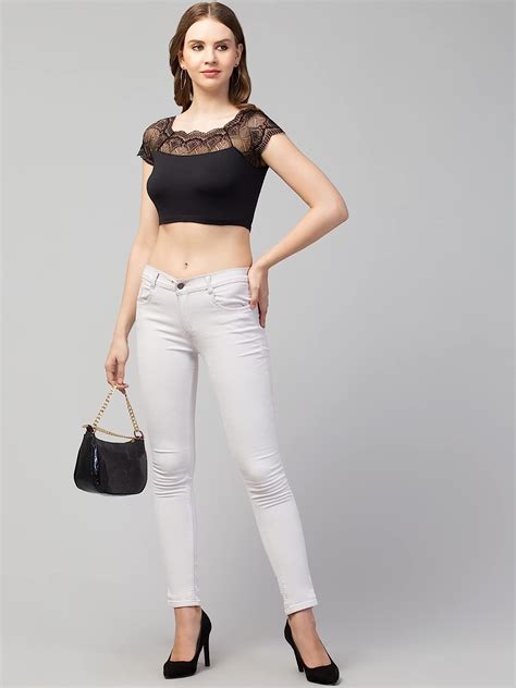 Buy TREND LEVEL Black Solid Crop Top for Women | Black Net Crop Top (S ...