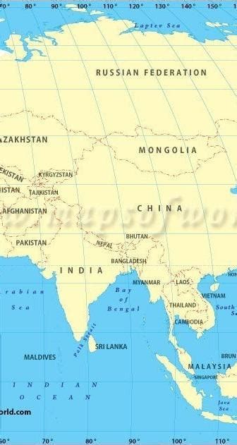 mark longitudinal and latitudinal extend of Asia on an outline map of ...