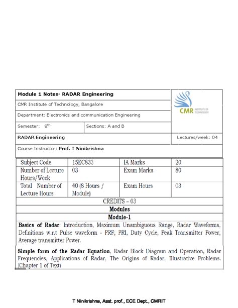 Module 1 Notes-Basics of Radar and simple Radar Equation - Radar ...