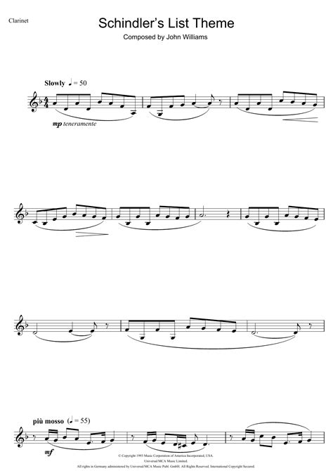 Schindler's List par John Williams Partitions pour Clarinette solo sur ...
