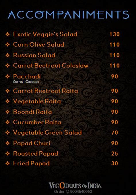 Menu at Veg Curries Of India, Mumbai