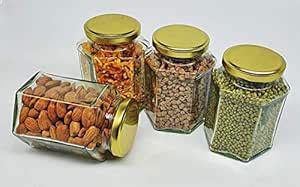 SCS Hexagon Glass jar and containers with Air Tight Gold Metal Cap, 200 ...