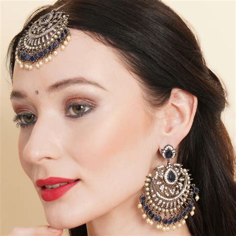 Diamond & Blue Stone Earrings with Matching Maang Tikka – Ritu Singh ...