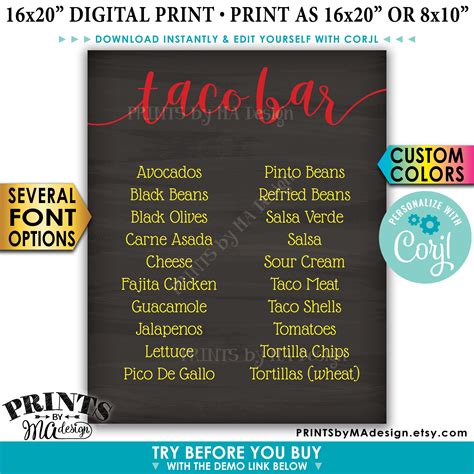 Taco Bar Menu Sign Fiesta Party Menu Custom PRINTABLE | Etsy