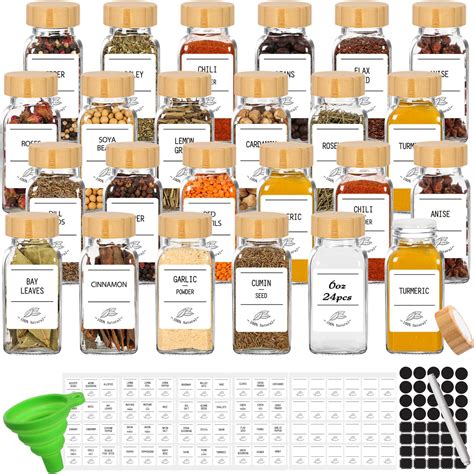 Amazon.com: Glass Spice Jars with Label Set, Bamboo Lids & Funnel ...