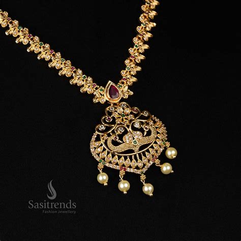Micro Gold Plated AD Jewellery Set with Peacock Pendant - Sasitrends