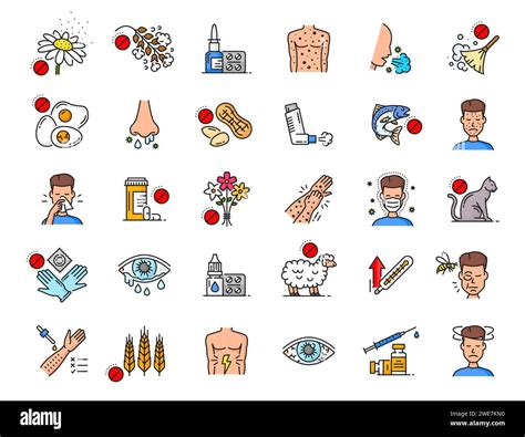 Allergy color line icons, asthma, fever and rhinitis allergic symptoms ...