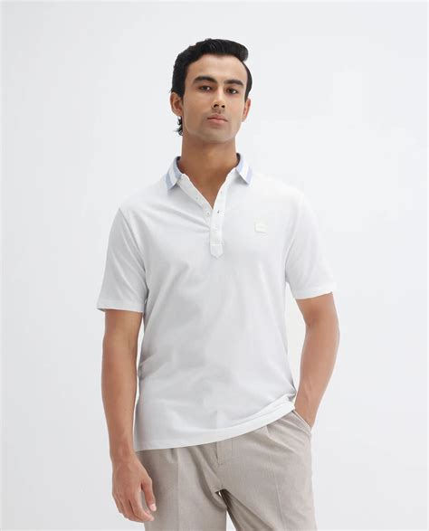 Rare Rabbit Men's Divide White Cotton Fabric Striped Collar Half Sleev