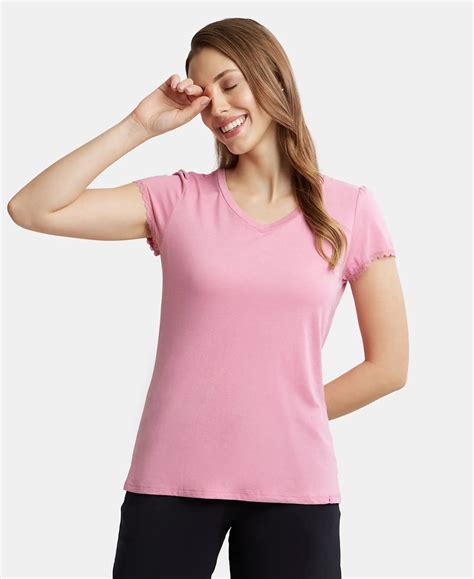 Buy Micro Modal Cotton Relaxed Fit Solid V Neck Half Sleeve T-Shirt ...