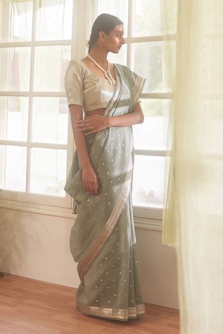 Buy Grey Chanderi Cotton Zari Geometric Border Saree With Running ...