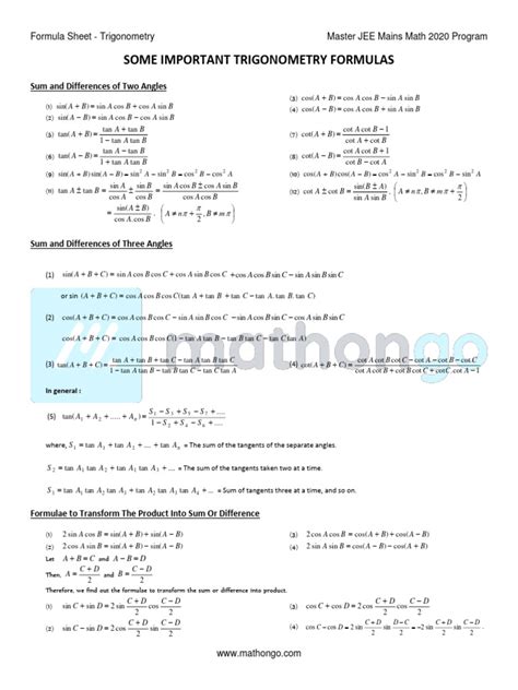 Trigonometry Formula Sheet | PDF | Trigonometric Functions | Trigonometry