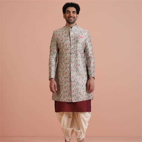 Cream Floral Silk Blend Sherwani Dhoti Set – Kisah