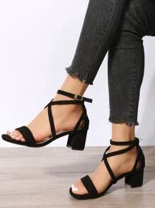 Women Criss Cross Ankle Strap Sandals, Faux Suede Chunky Heeled Elegant ...