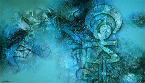 "Abstract 2": Blue Green Calligraphy Painting by Ram Kasture | ArtZolo.com