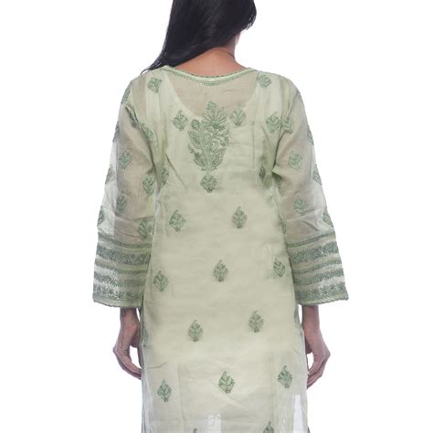 Seva Chikan Hand Embroidered Green Cotton Lucknowi Chikan Kurti-SCL029