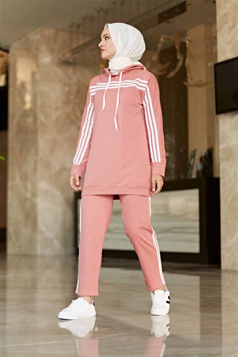 Şeritli Eşofman Takım 10049-4 Pudra - Modasena