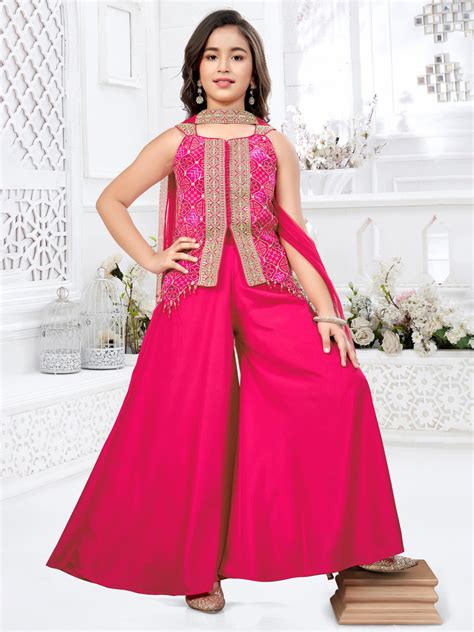 Radiant Rani Pink Embroidered Palazzo Set for Girls – Pink Leaf