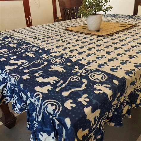 Hand Block Print Indigo Blue Cotton Table Cover with Frills | Varsaca Homes