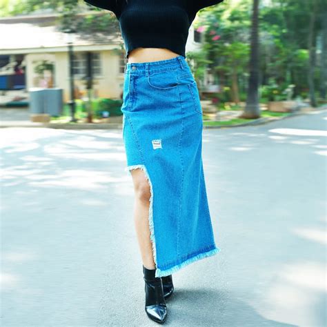 Mid-Blue Cut-out Denim Midi Skirt – I Z F