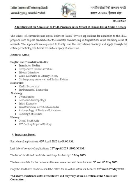 Ph.D. Admission Advertisement 2025 - School of Humanities & Social ...