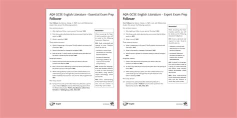 AQA Poetry: Follower - Differentiated Revision Worksheets