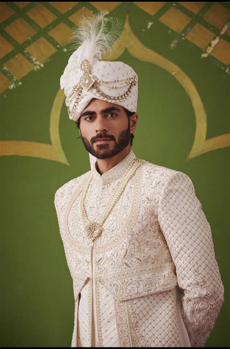 Buy Cream Zari and Pearls Embroidered Three-Layered Sherwani for Groom ...