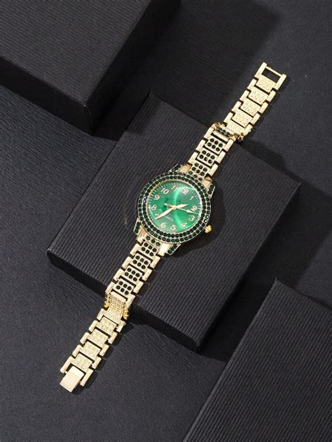 Conjunto de 2 piezas: Reloj de pulsera de mujer con cristales verdes ...