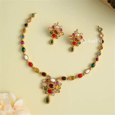 Simple Navarathna Stone Necklace – Aadai Alangaram