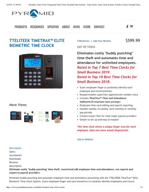 Biometric Time Clock Fingerprint Time Clock Pyramid Time Systems - Time ...