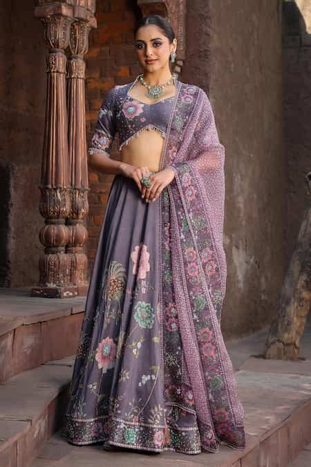 Buy Purple Silk Chanderi Printed Floral Matka Mughal Lehenga Set For ...