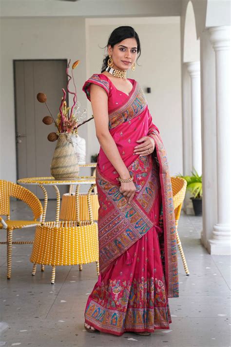 Designer HotPink Color Pashmina Silk Saree With matching Blouse Piece ...