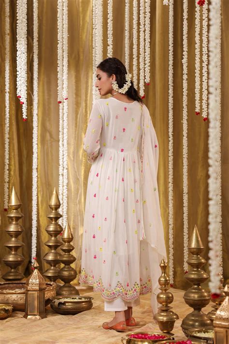 Shop White Mulmul Multicoloured Mirror And Sequin Embroidered Anarkali ...