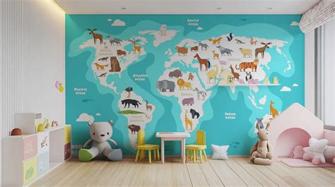 Kids Blue Ocean Map Wallpaper | Animal World Map Mural